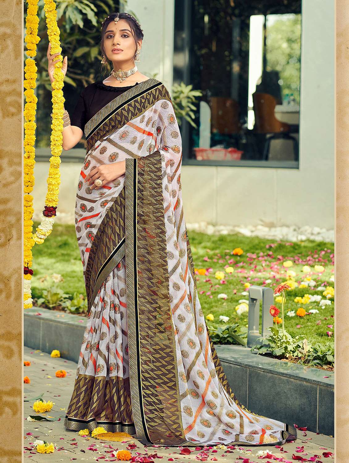 bordered printed saree with blouse