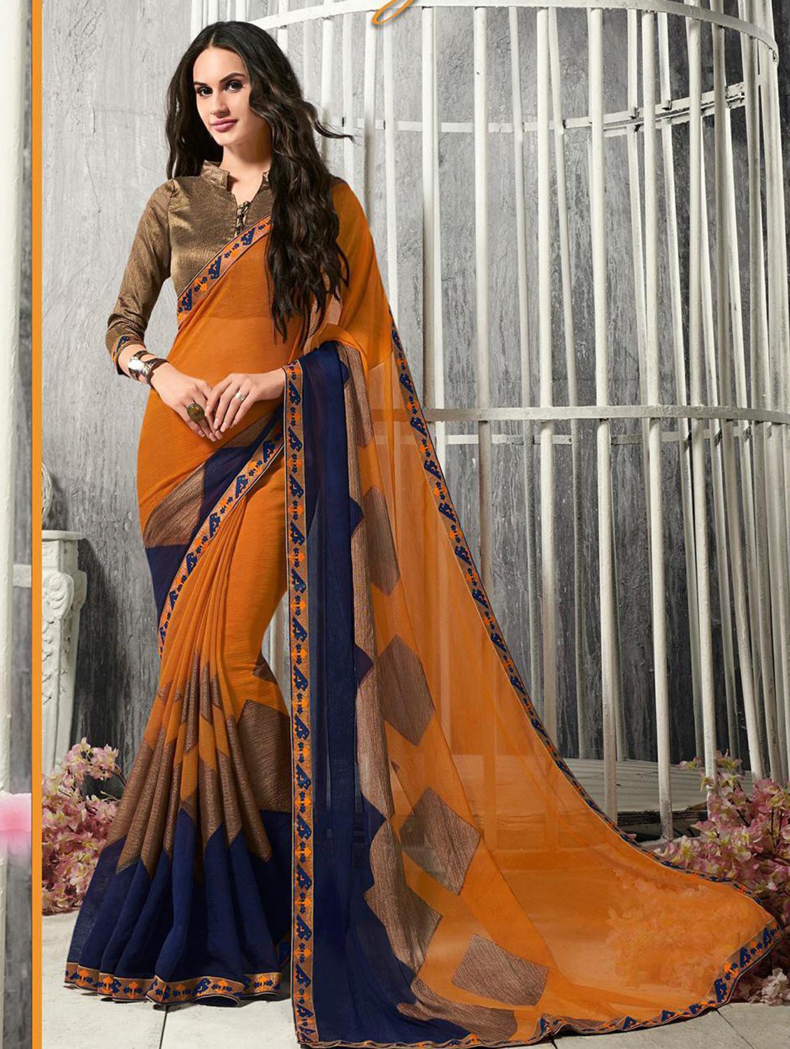 orange printed saree with blouse - 18371527 - Zoom Image - 0