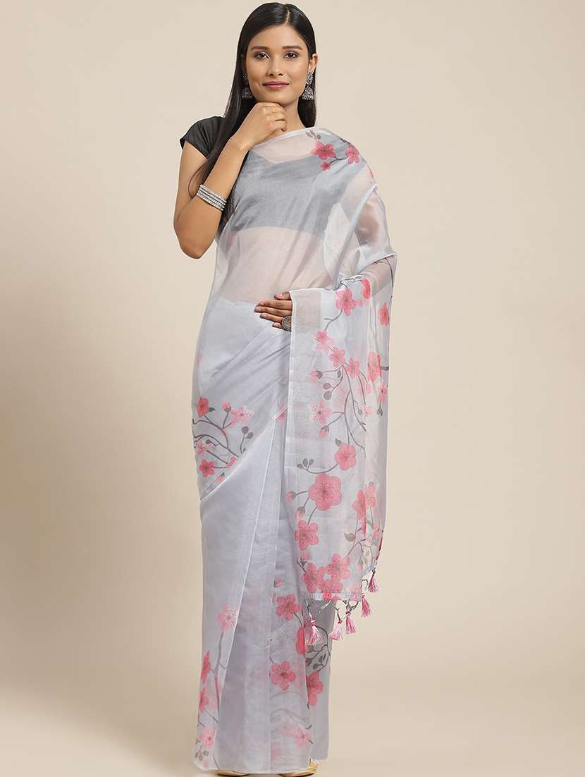 grey organza printed saree with blouse - 18371882 -  Zoom Image - 0