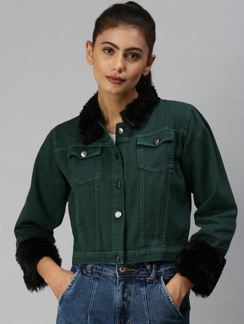 fur embellished denim jacket - 18372244 - Standard Image - 0