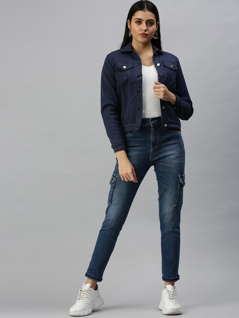 navy blue solid denim summer jacket - 18372259 - Standard Image - 3