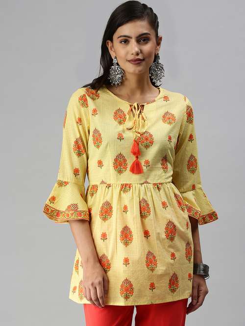 women yellow floral printed a-line kurti - 18372283 -  Standard Image - 0