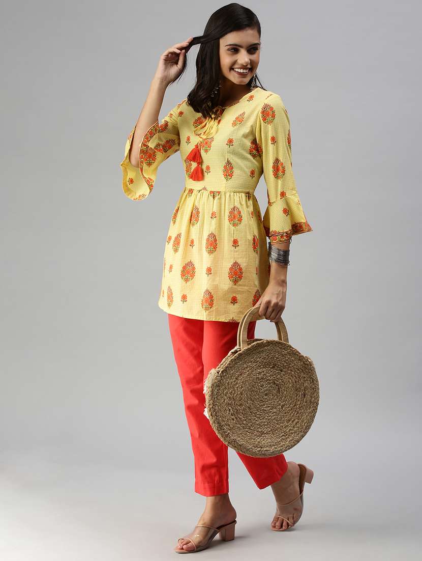 women yellow floral printed a-line kurti - 18372283 - Standard Image - 3