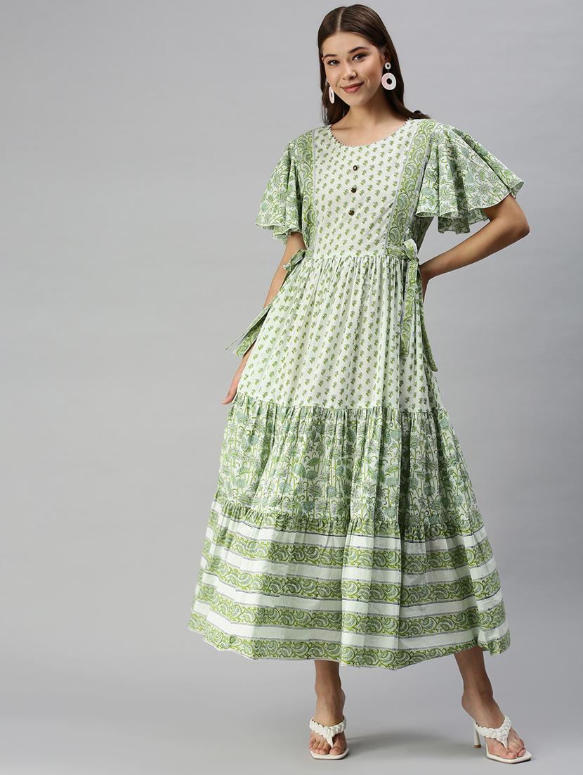 flared sleeved printed tiered ethnic dress