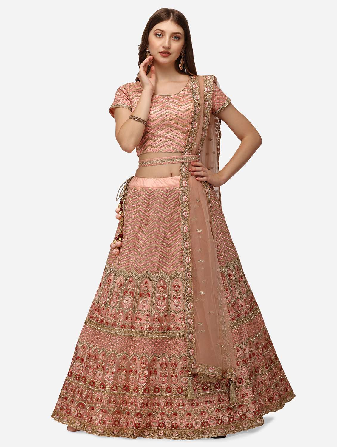 peach net flared lehenga