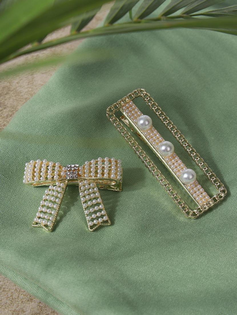 set of 2 cream colored pearl studded & crystal floral shape hair clip - 18373292 - Zoom Image - 0