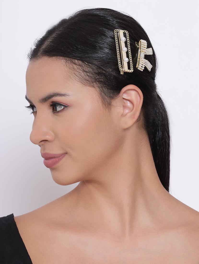 set of 2 cream colored pearl studded & crystal floral shape hair clip - 18373292 - Standard Image - 3