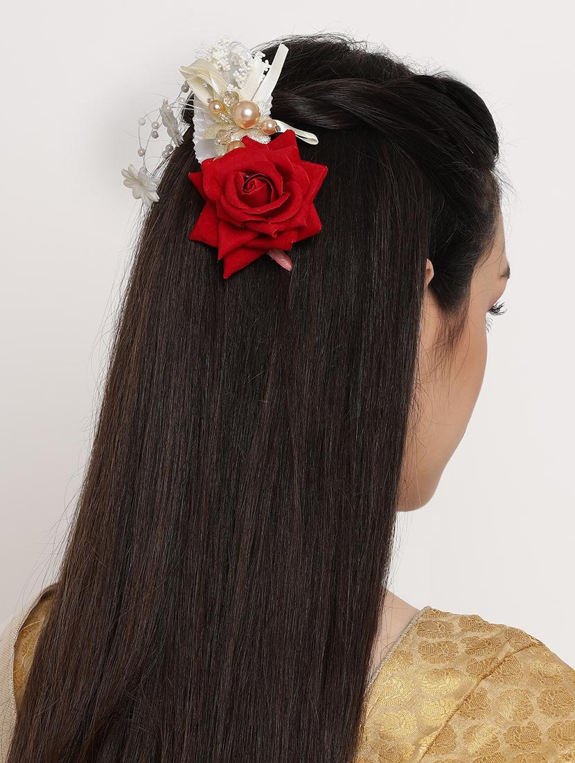 red rose & golden pearls handcrafted alligator side hair clip - 18373300 - Standard Image - 3