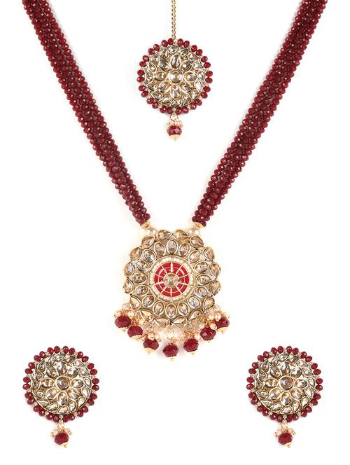 gold-plated & kundan studded maroon beaded multi-strand set with maangtika - 18373355 -  Standard Image - 0
