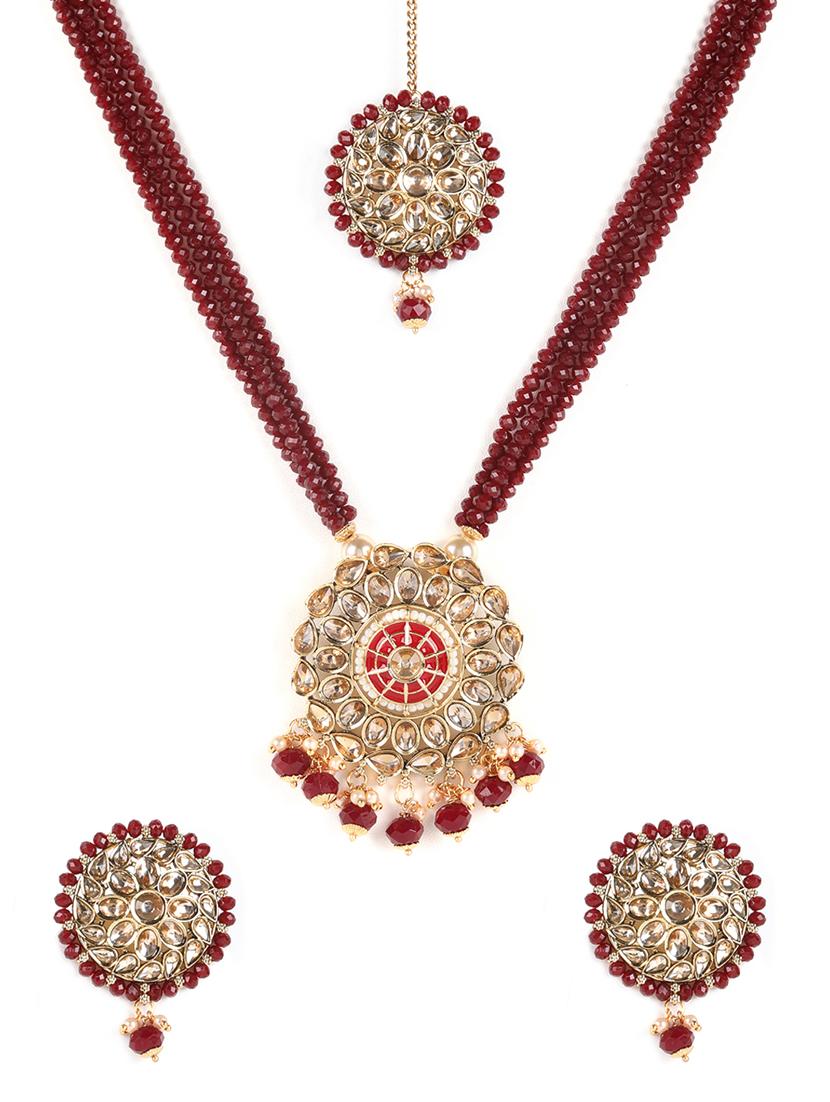 gold-plated & kundan studded maroon beaded multi-strand set with maangtika - 18373355 -  Zoom Image - 0