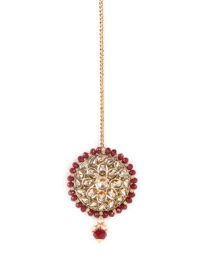 gold-plated & kundan studded maroon beaded multi-strand set with maangtika - 18373355 - Standard Image - 3