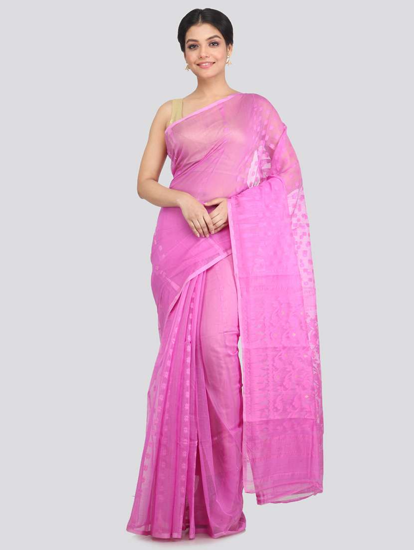 pink cotton blend jamdani saree