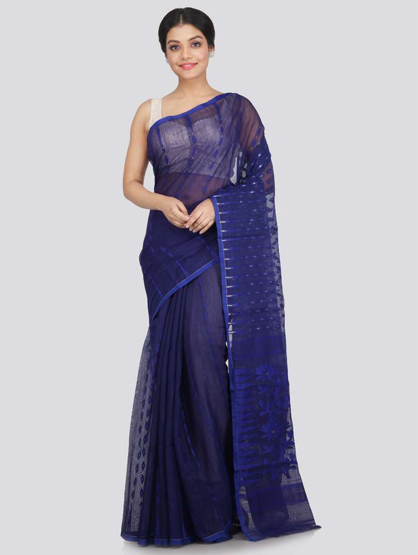 navy cotton blend jamdani saree