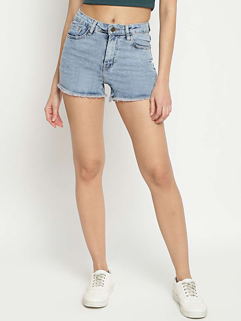 mid rise solid denim shorts 