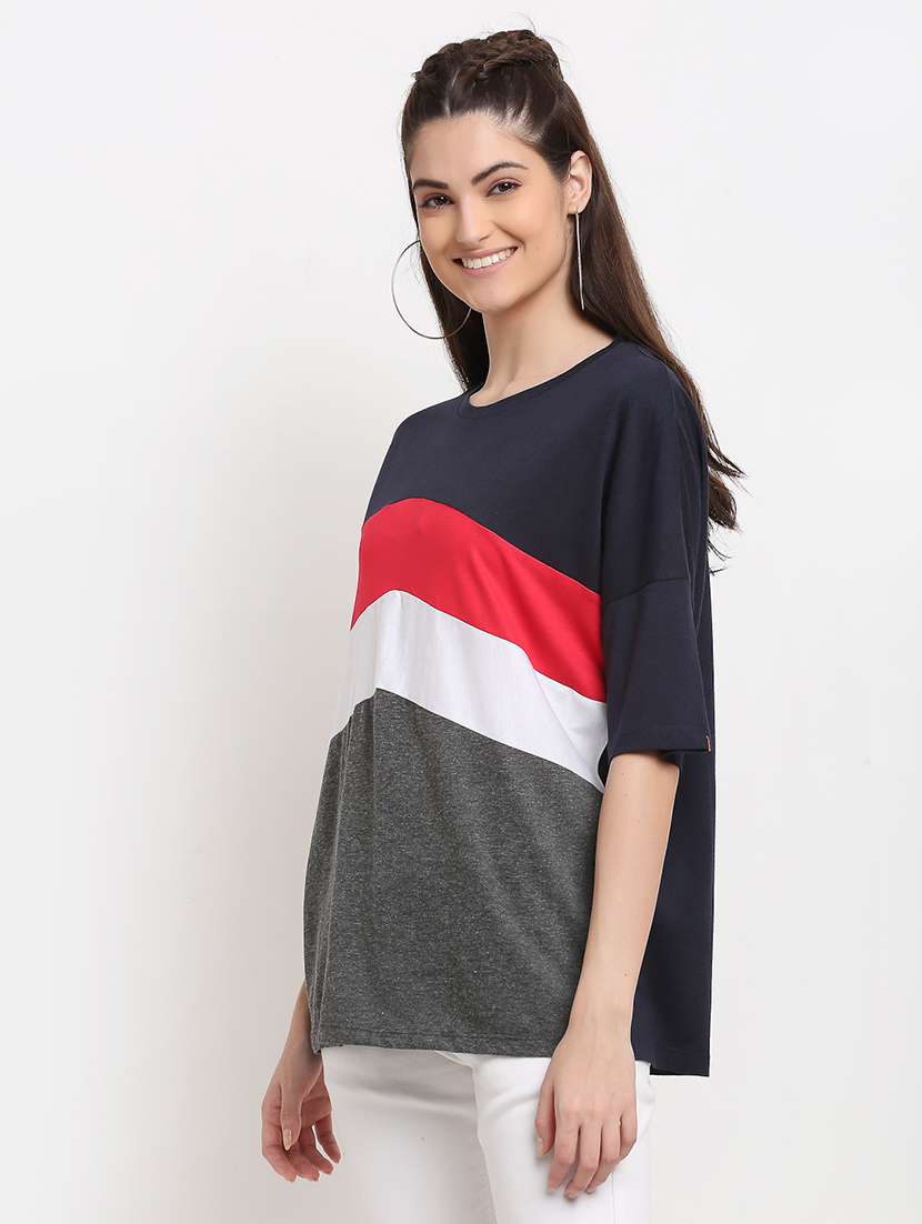 women's color block round neck t-shirt