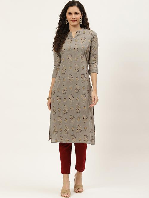 grey cotton blend straight kurta - 18376993 -  Standard Image - 0