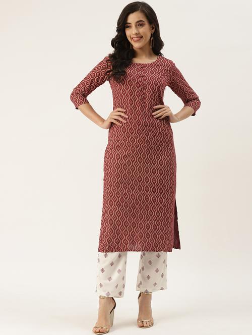 burgundy rayon kurta palazzo set - 18377026 - Standard Image - 0