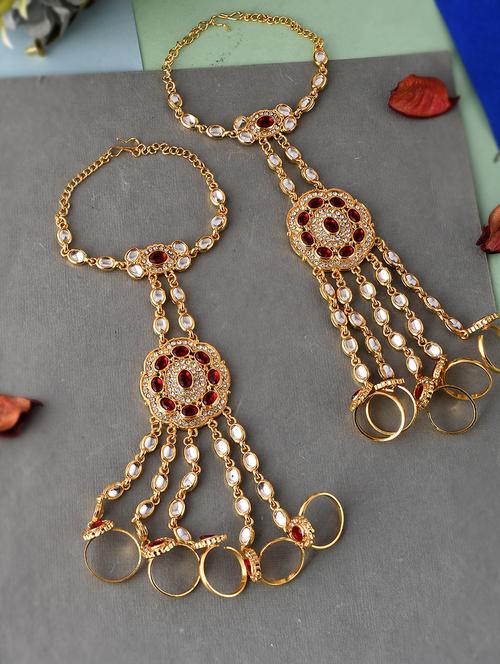 gold toned & red stone studded hathphool bracelets - 18378088 -  Standard Image - 0