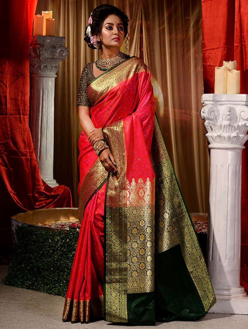 red silk blend banarasi saree with blouse