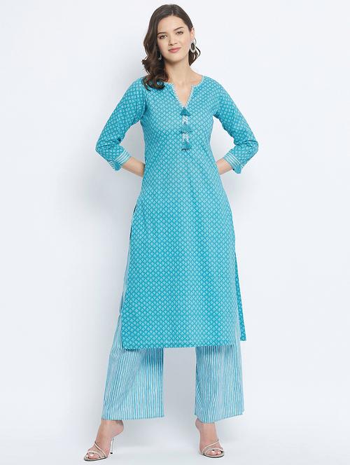 turquoise cotton kurta palazzo  set - 18381004 -  Standard Image - 0