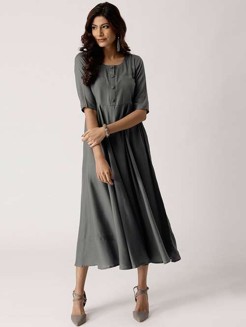 grey solid flared ethnic dress - 18381293 - Standard Image - 0