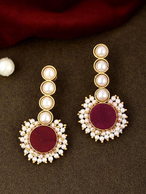 gold plated red stone studded pearl beaded drop earrings - 18381339 -  Standard Image - 0