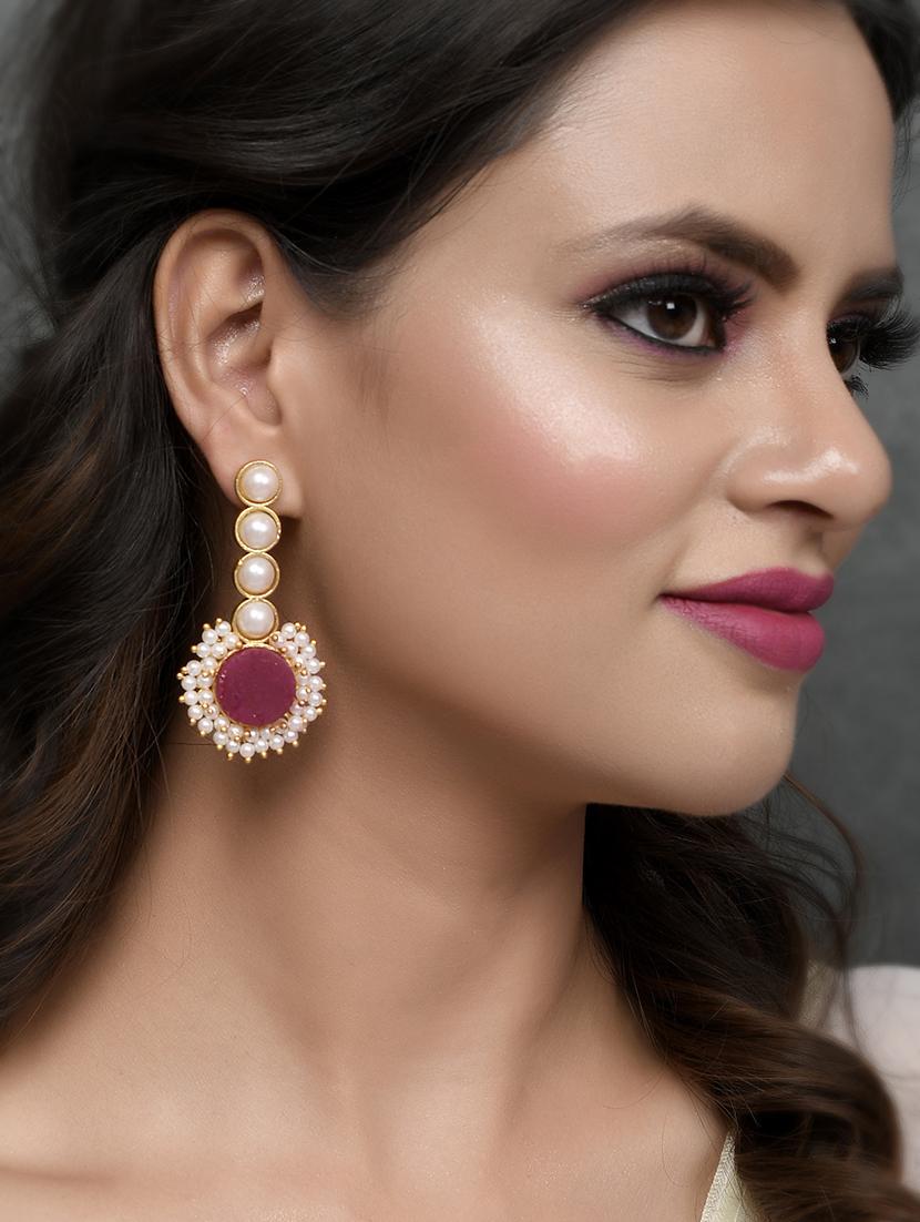 gold plated red stone studded pearl beaded drop earrings - 18381339 - Standard Image - 3