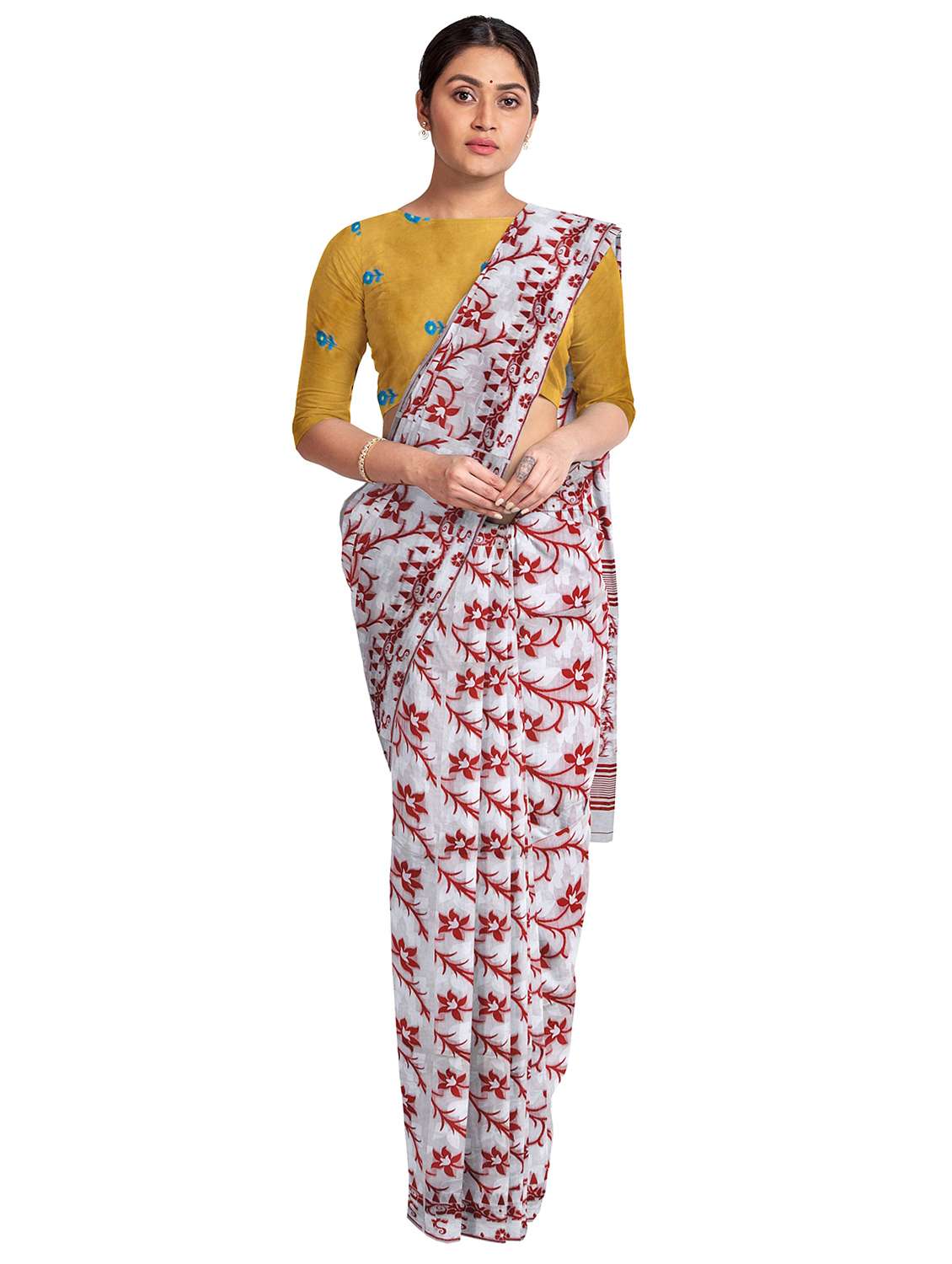 women's floral maroon colored saree with blouse