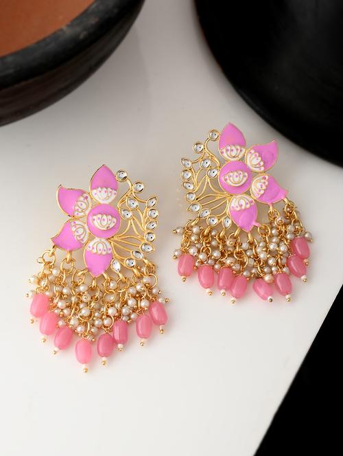 gold plated pink toned handcrafted kundan studded floral drop earrings - 18382616 -  Standard Image - 0