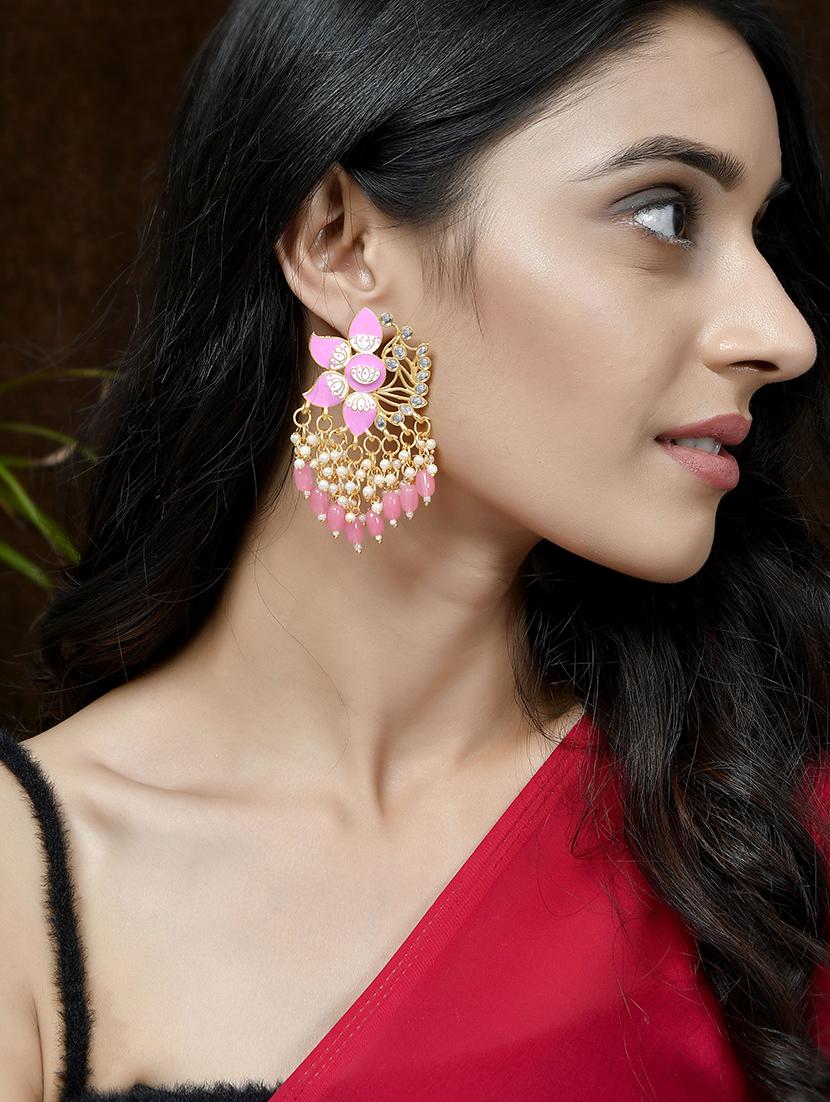 gold plated pink toned handcrafted kundan studded floral drop earrings - 18382616 - Standard Image - 3