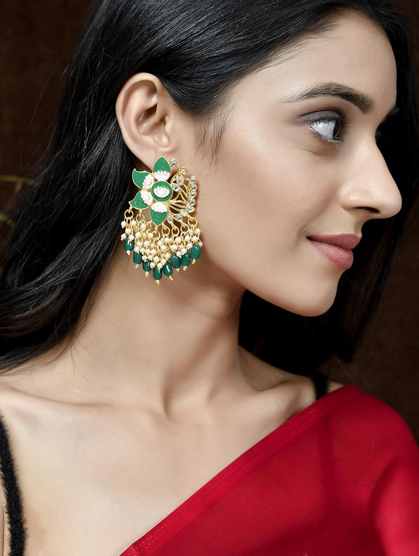 gold plated green toned handcrafted kundan studded floral drop earrings - 18382617 - Standard Image - 3