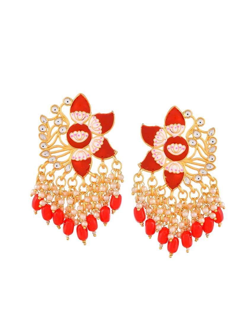 Gold Plated Red Toned Handcrafted Kundan Studded Floral Drop Earrings