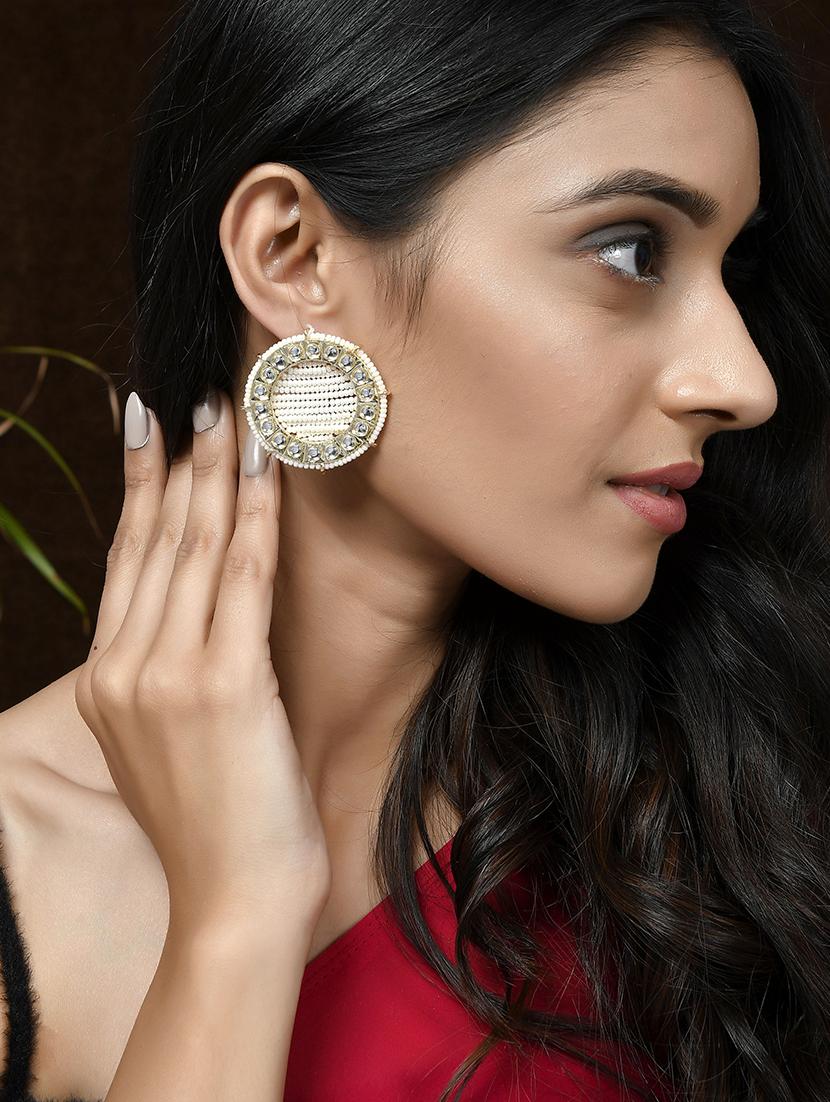 gold plated white & pearl beaded handcrafted stud earrings - 18382623 - Standard Image - 3