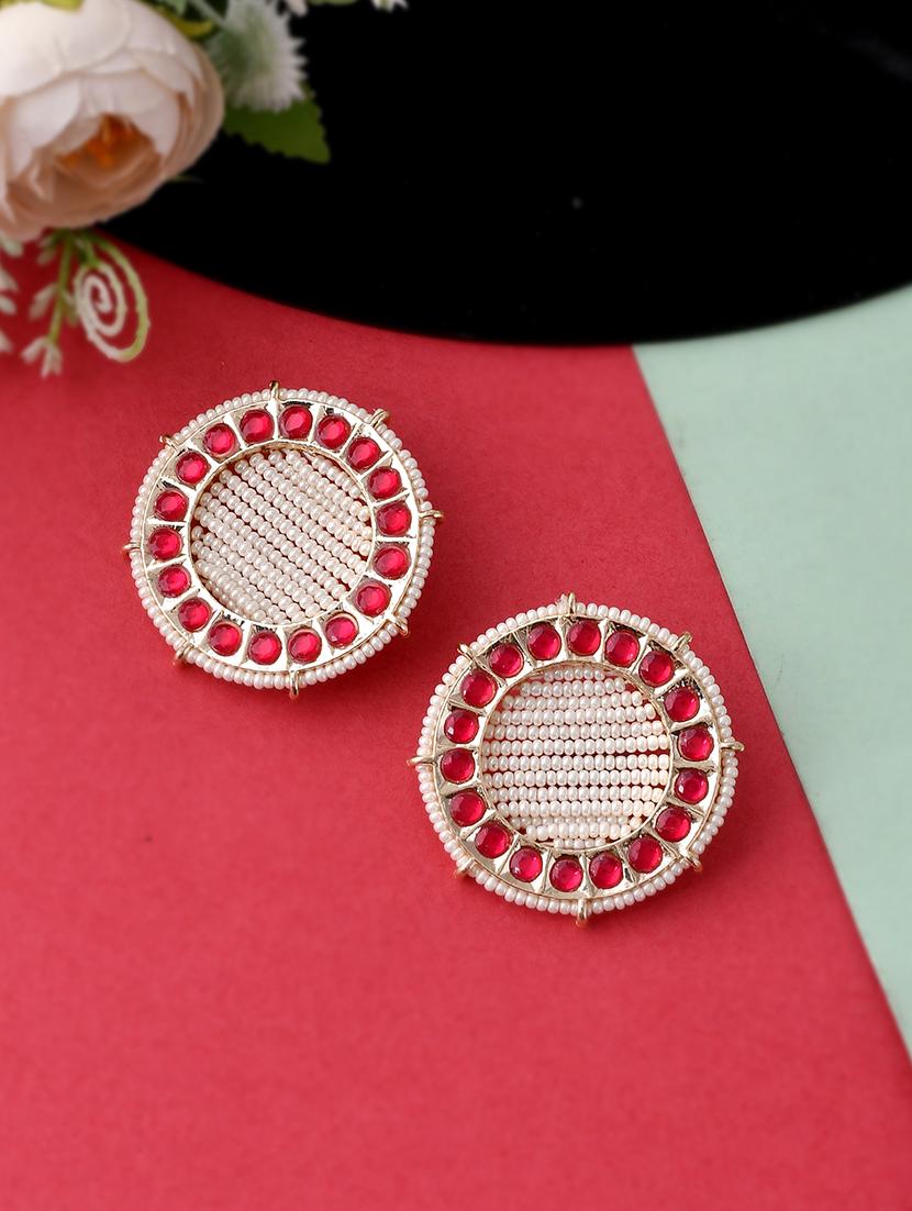 gold plated red & pearl beaded handcrafted stud earrings - 18382624 - Zoom Image - 0