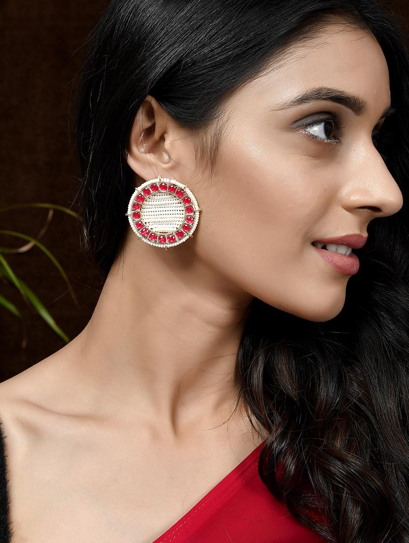 gold plated red & pearl beaded handcrafted stud earrings - 18382624 - Standard Image - 3