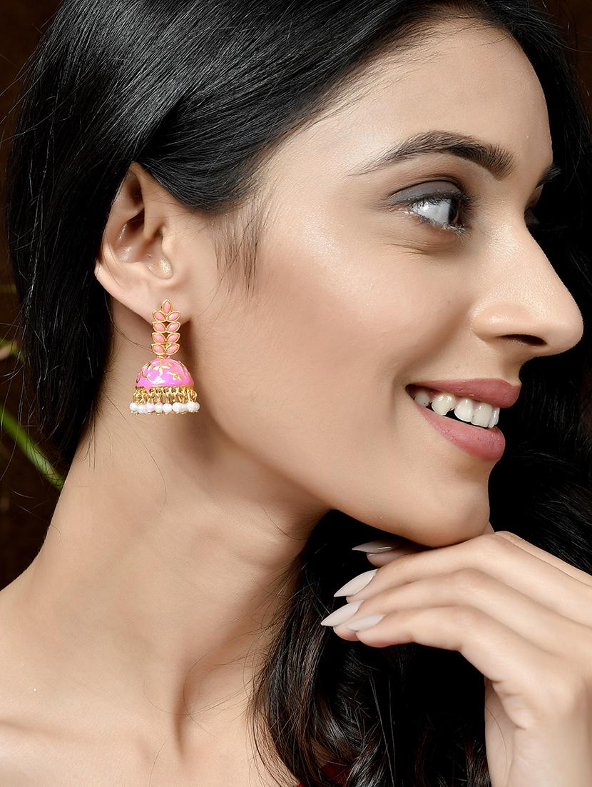 pink brass jhumka earring - 18382663 - Standard Image - 3