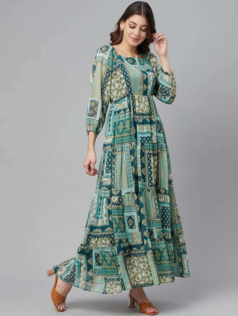 Women Printed Square Neck Tiered Dress