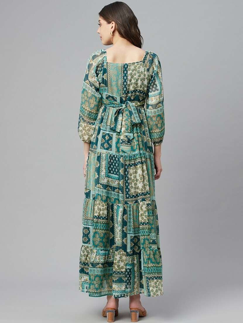 Women Printed Square Neck Tiered Dress