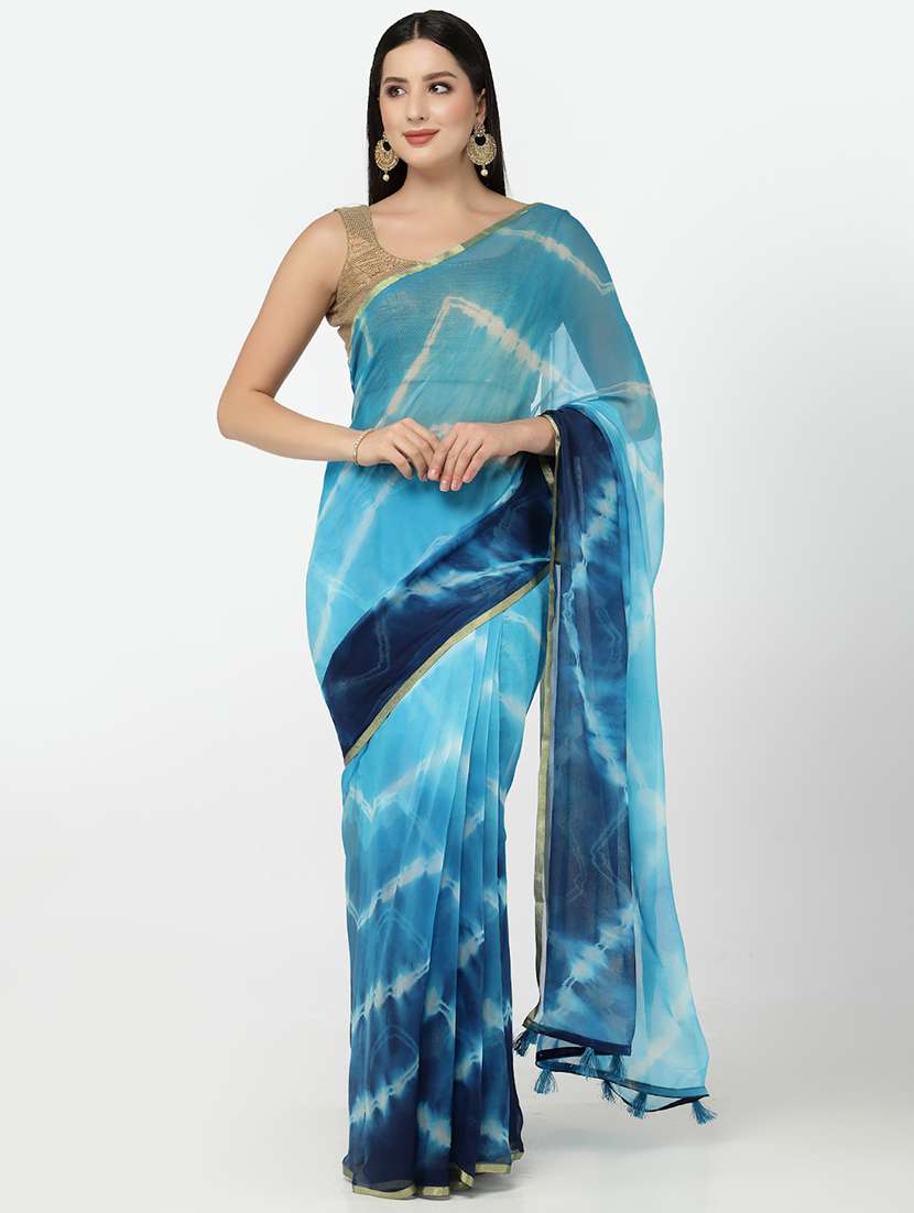 blue printed saree with blouse