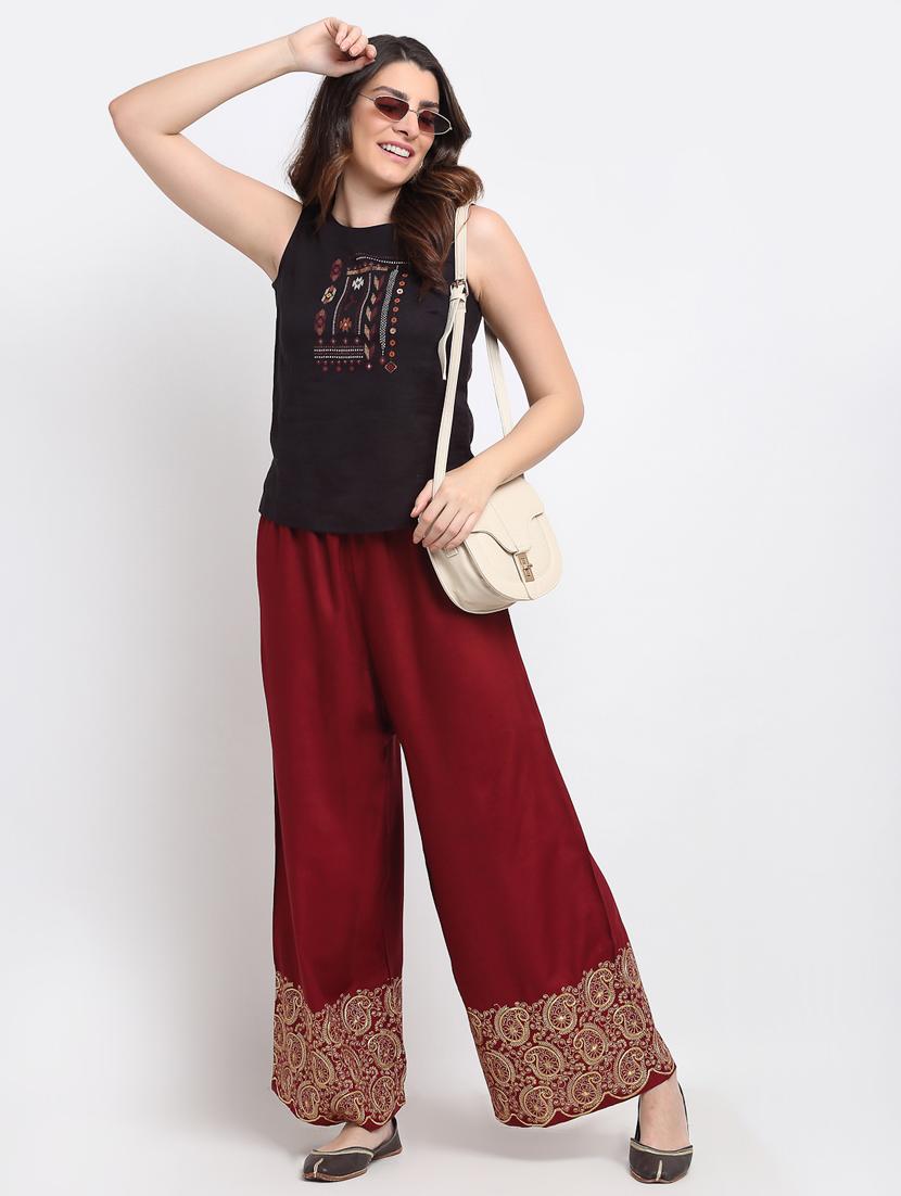 maroon rayon flared palazzo - 18383073 - Standard Image - 3