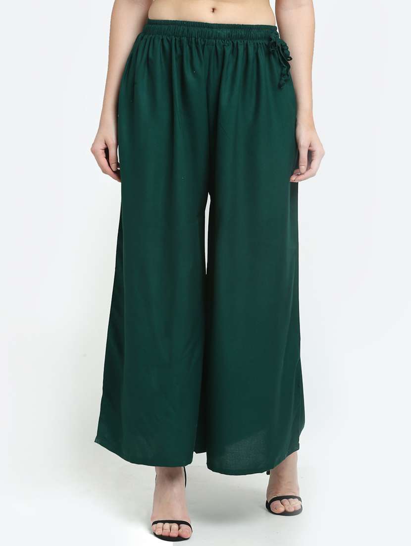 green solid flared palazzo