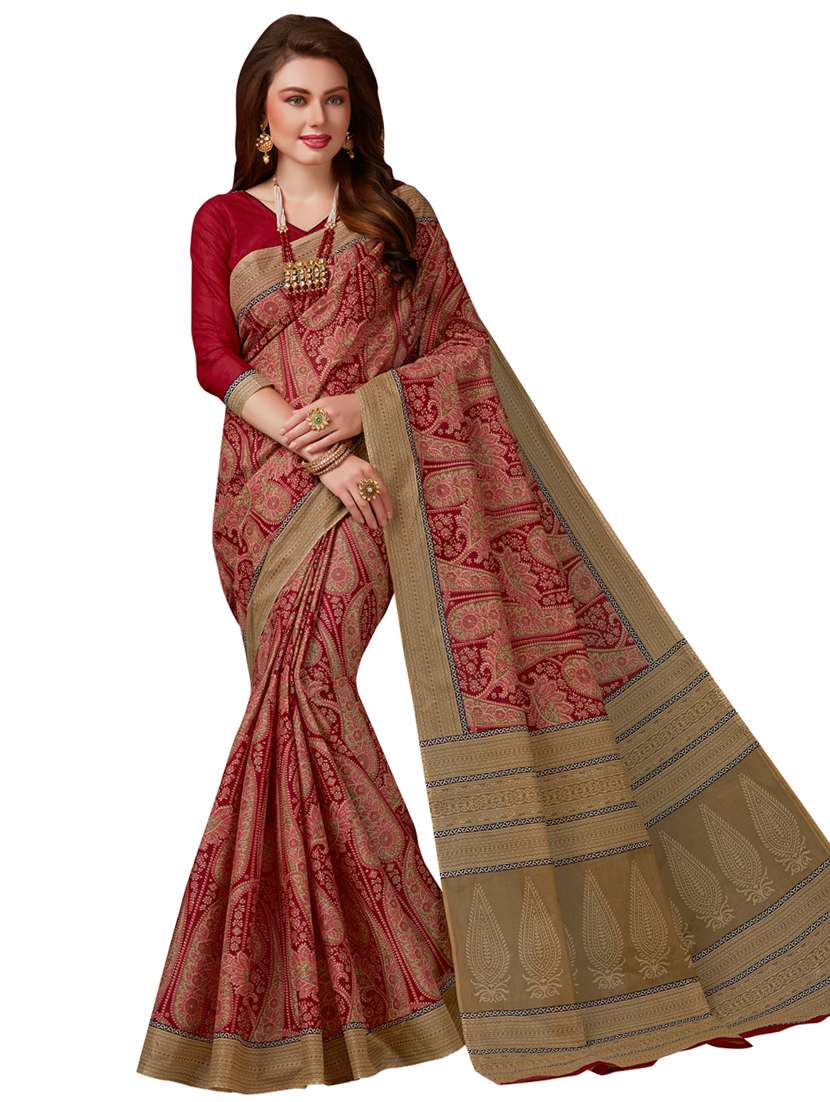 maroon cotton printed saree with blouse