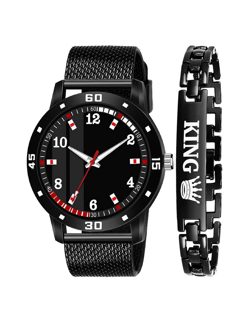 kajaru new fancy stylish - black pu strap & black king bracelet combo watch