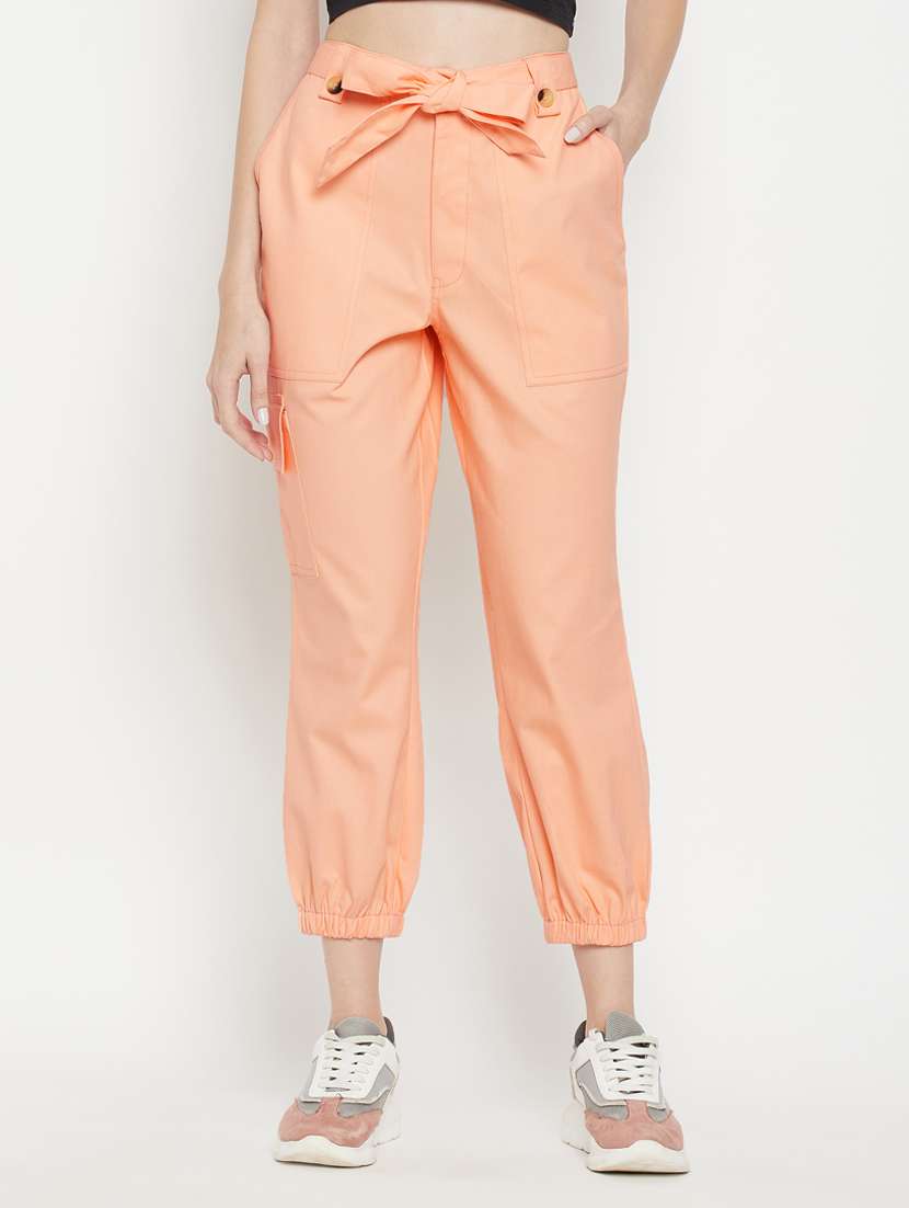 tie front solid cargos trouser - 18384483 - Zoom Image - 0