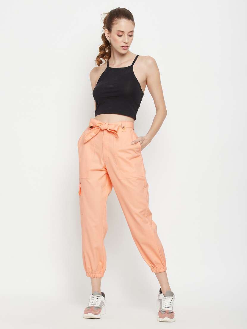 tie front solid cargos trouser - 18384483 - Standard Image - 3