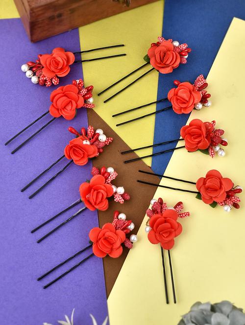 set of 10 women red flower embellished beaded u pins - 18385099 - Standard Image - 0