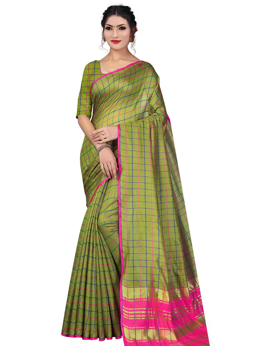 mehandi checkered chanderi saree with blouse - 18385484 - Zoom Image - 0
