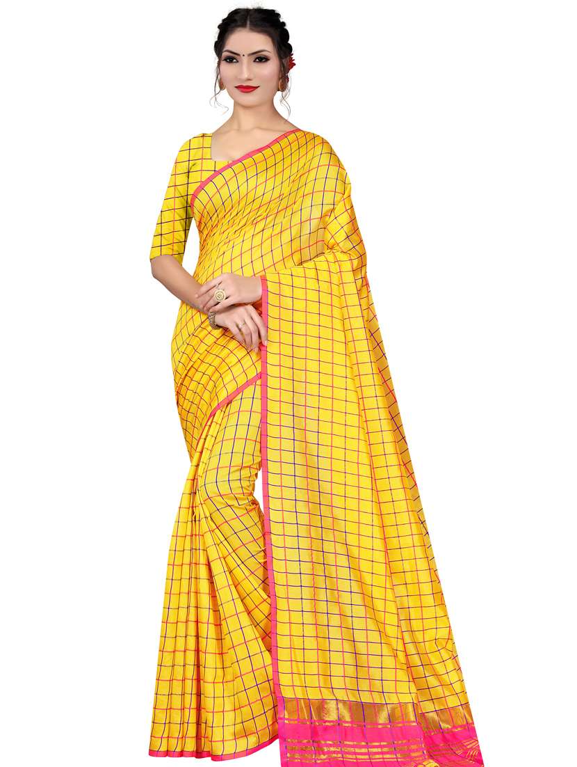 women's checks yellow colored saree with blouse