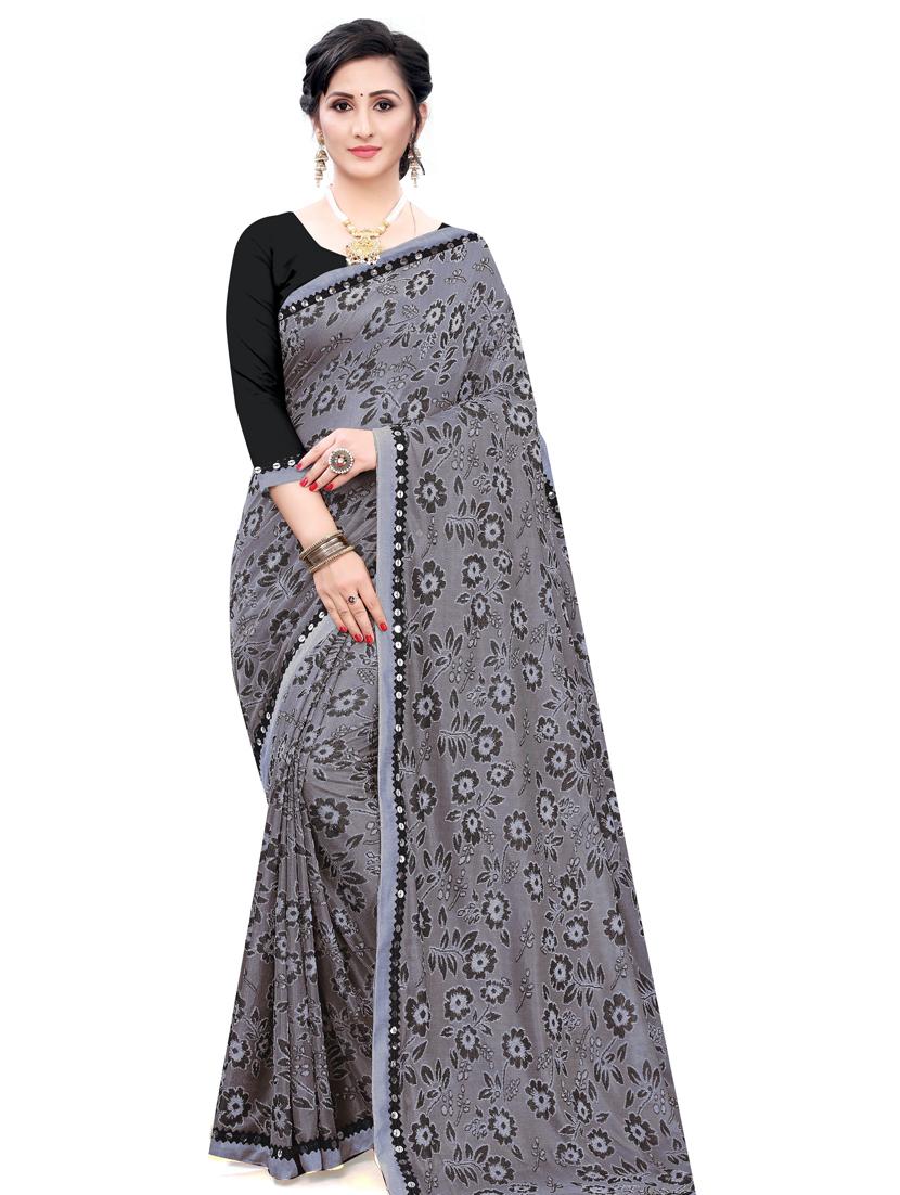 grey floral tant saree with blouse - 18385539 -  Zoom Image - 0