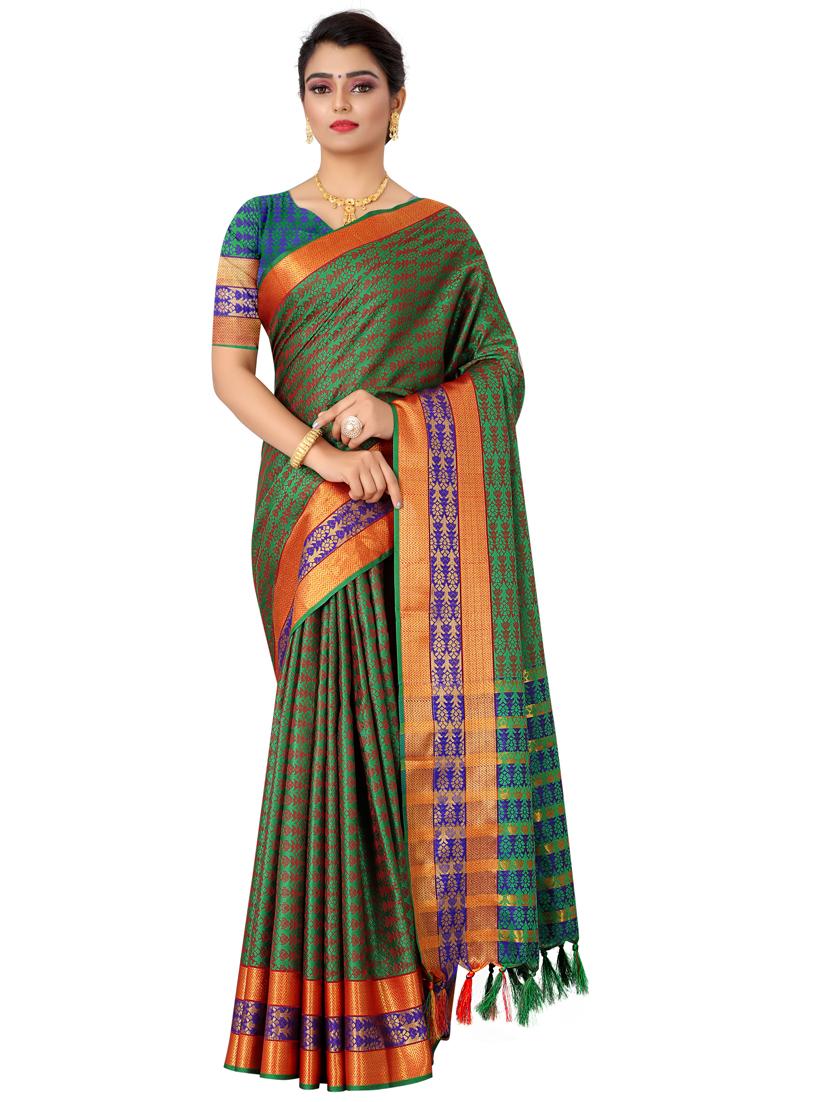green silk blend kanjivaram saree with blouse - 18385562 -  Zoom Image - 0